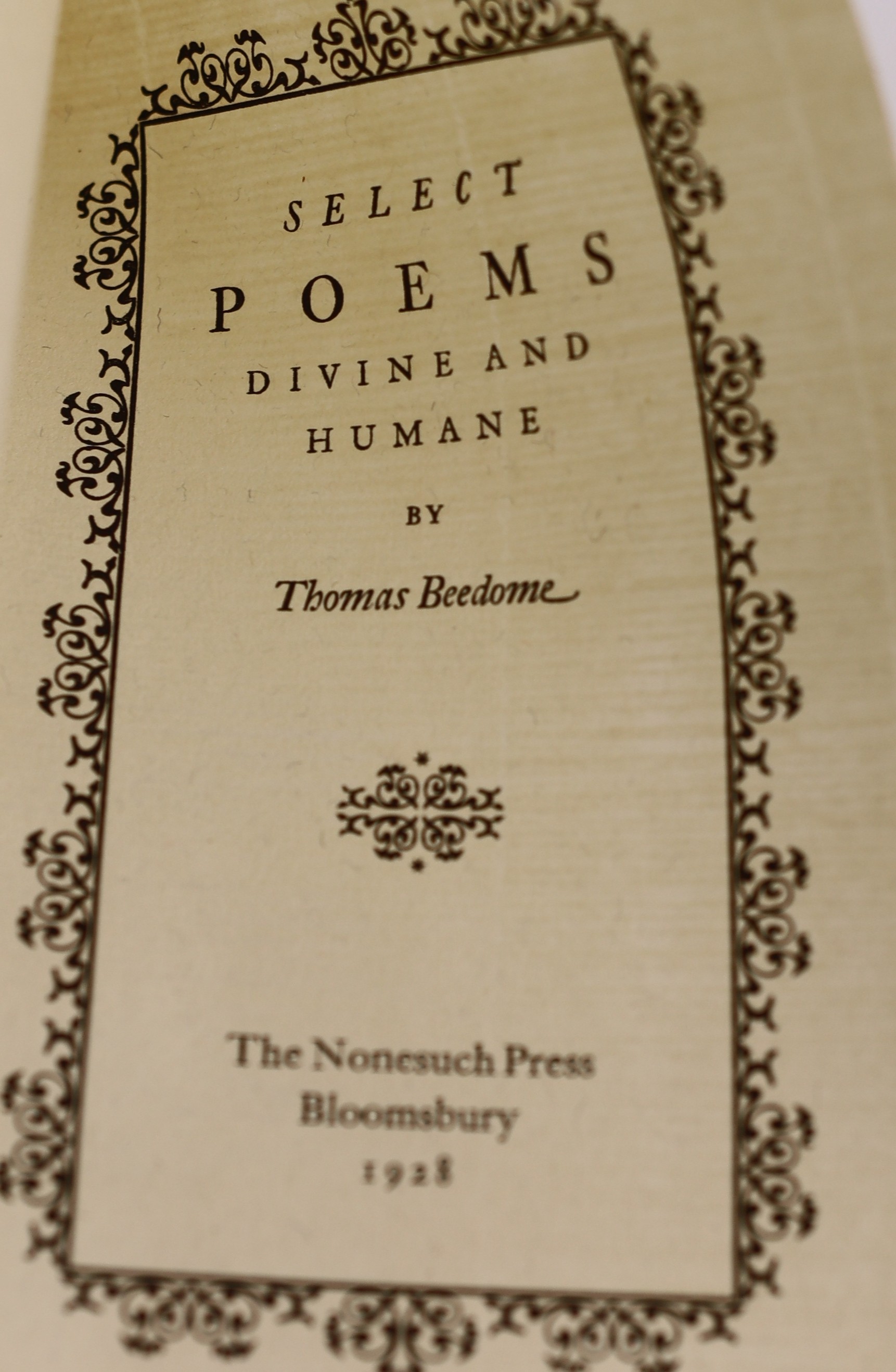 Nonesuch Press - 2 works - Fontelle, Bernard de - A Plurality of Worlds - John Glanvill’s Translation, one of 1600, 8vo, original vellum, with gilt titles, London 1929, with slip case and Beedome, Thomas - Select Poems D